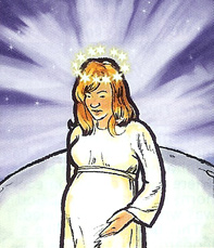 Woman clothed with sun, moon stars about to give birth