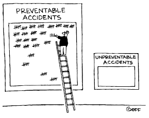 Mostly Business Cartoon: Man on tall ladder adding another tally under preventable accidents, meanwhile unpreventable accidents down low is blank.