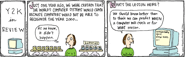 Rhymes With Orange Strip (1-2-2001) Y2K in Review... We should know better than to think we can predict WHEN a computer will crash or for WHAT reason.